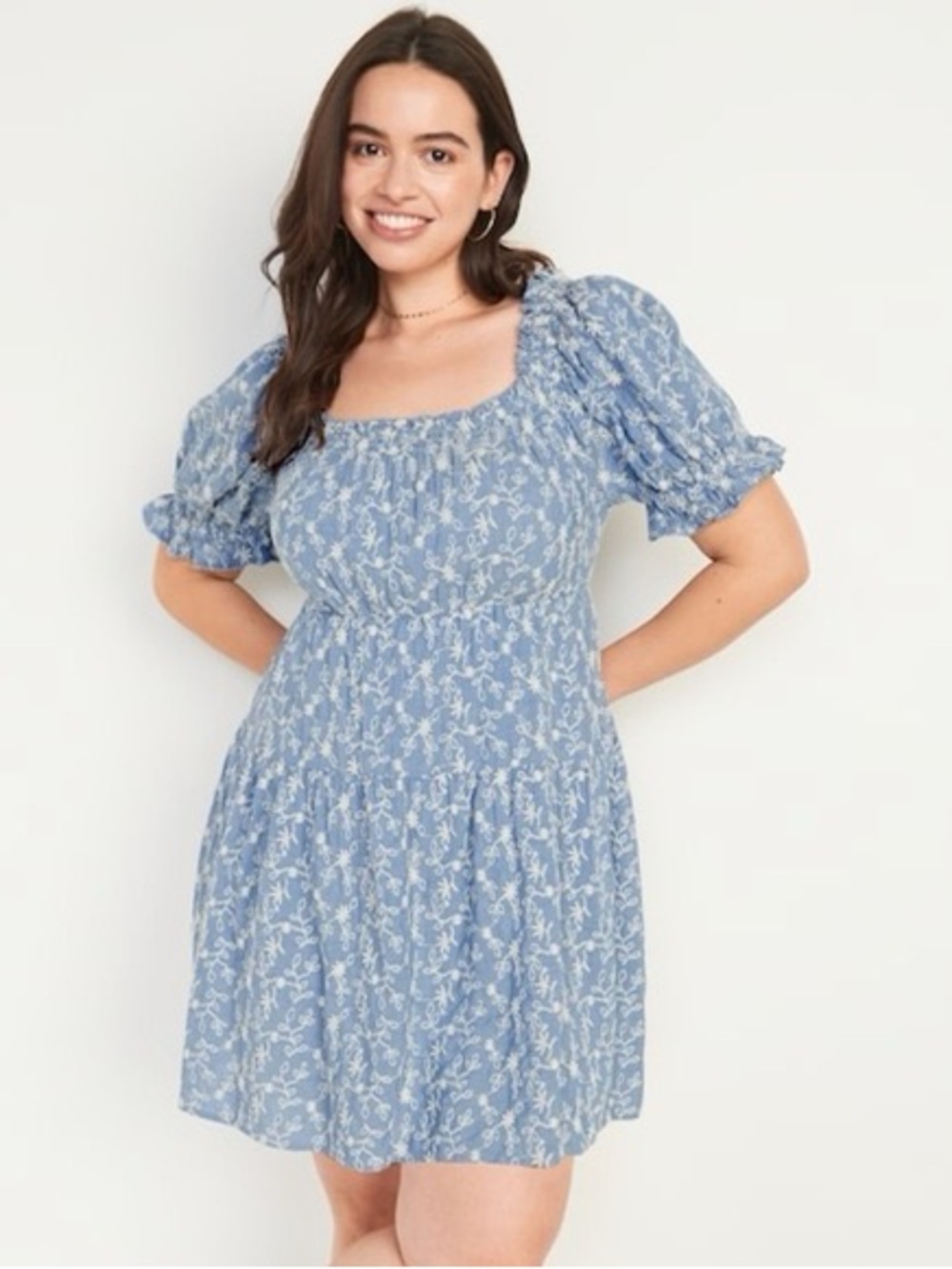Old Navy Light Blue Floral Square-Neck Puff Sleeve Dress Casual Summer Fall